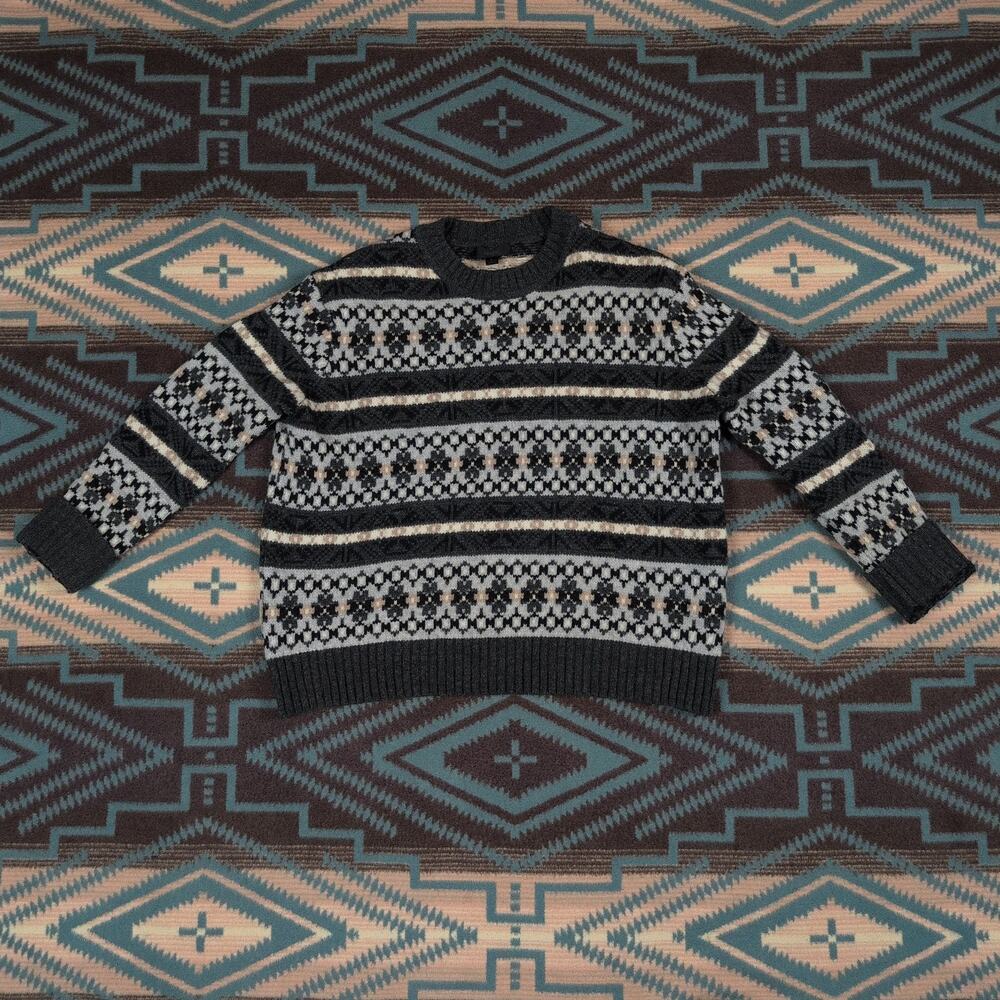 J. Crew Women's Lambs Wool Fair Isle Crew Neck Sweater Boho Medium Cropped Fit